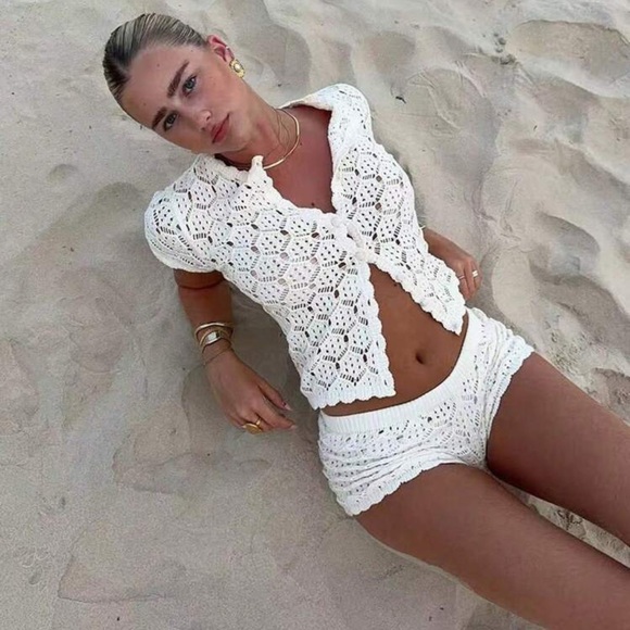 Women's Summer Crochet Hollow Short Sleeve Knit Cardigan +Shorts